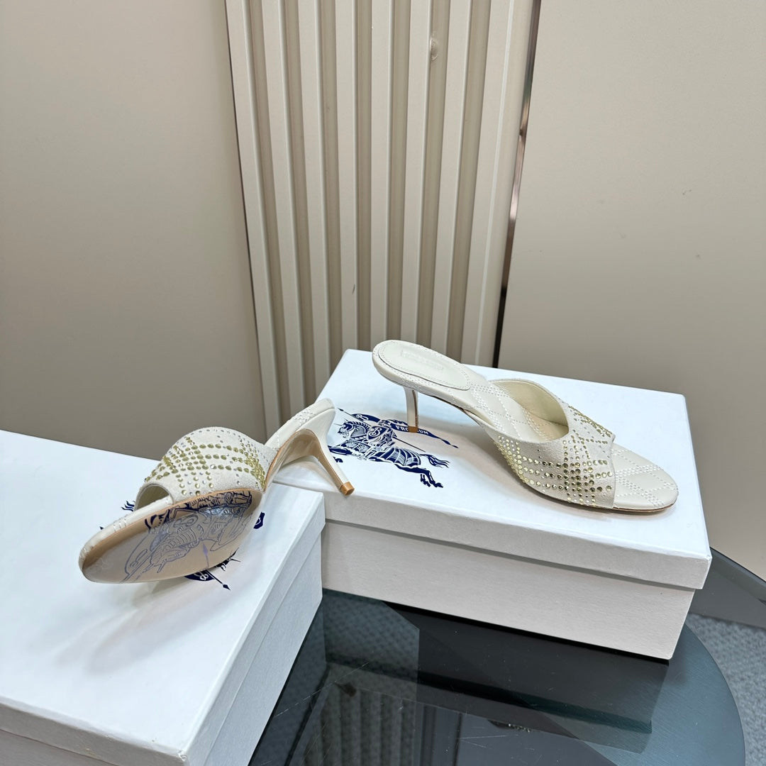 BURBERRY 26S HIGH-HEELED SANDALS 70 MM IN CREAM WHITE CALFSKIN AND SUEDE