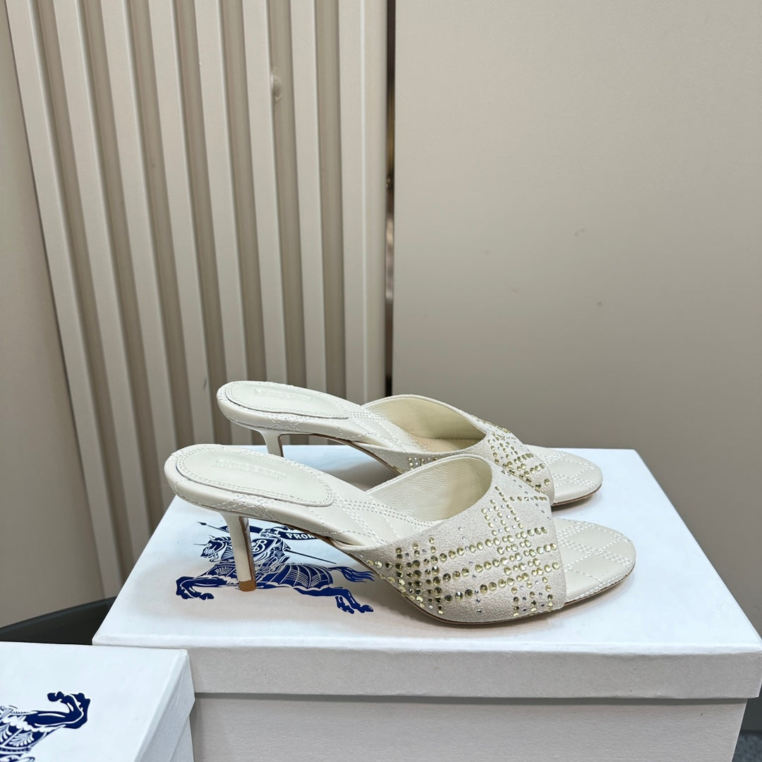BURBERRY 26S HIGH-HEELED SANDALS 70 MM IN CREAM WHITE CALFSKIN AND SUEDE