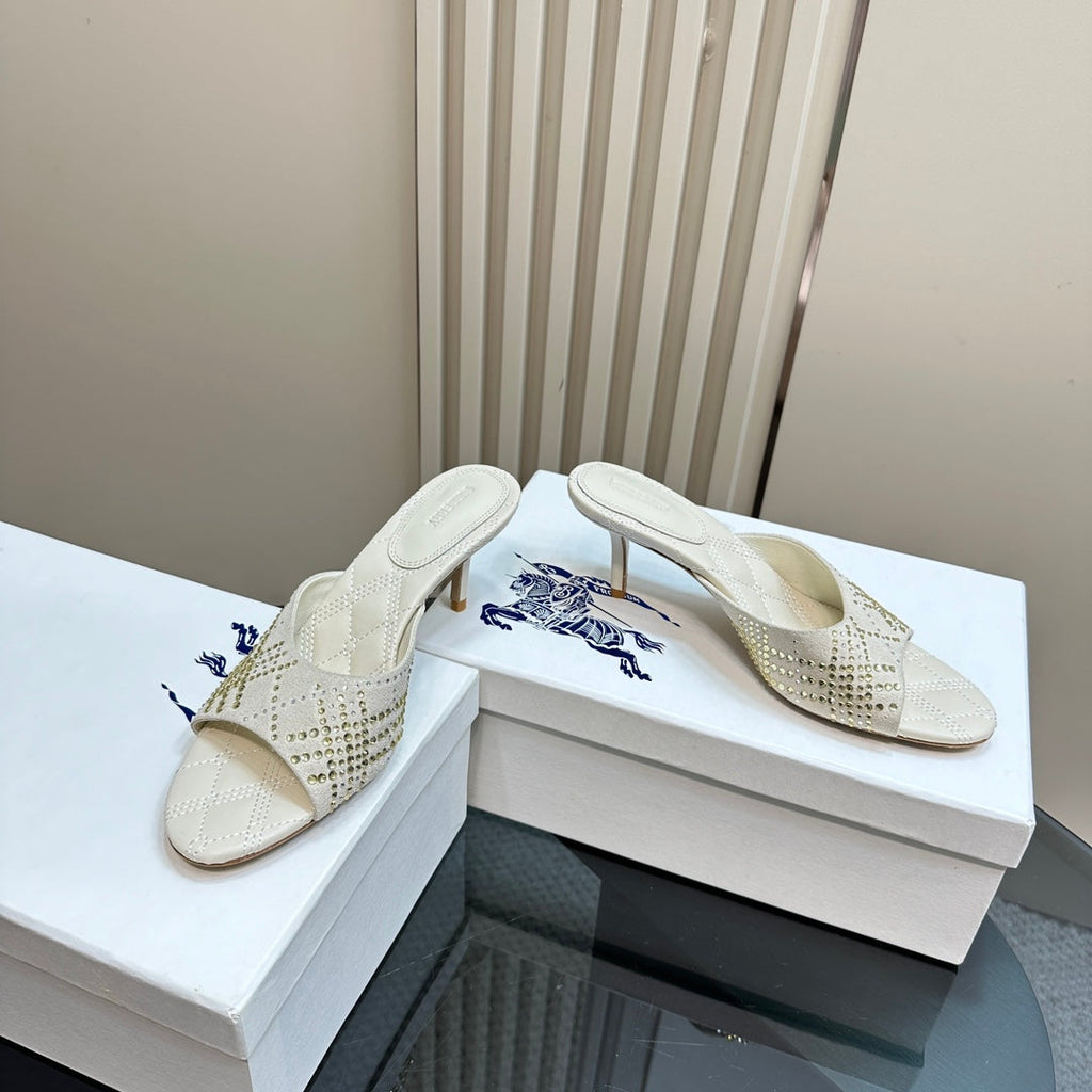 BURBERRY 26S HIGH-HEELED SANDALS 70 MM IN CREAM WHITE CALFSKIN AND SUEDE