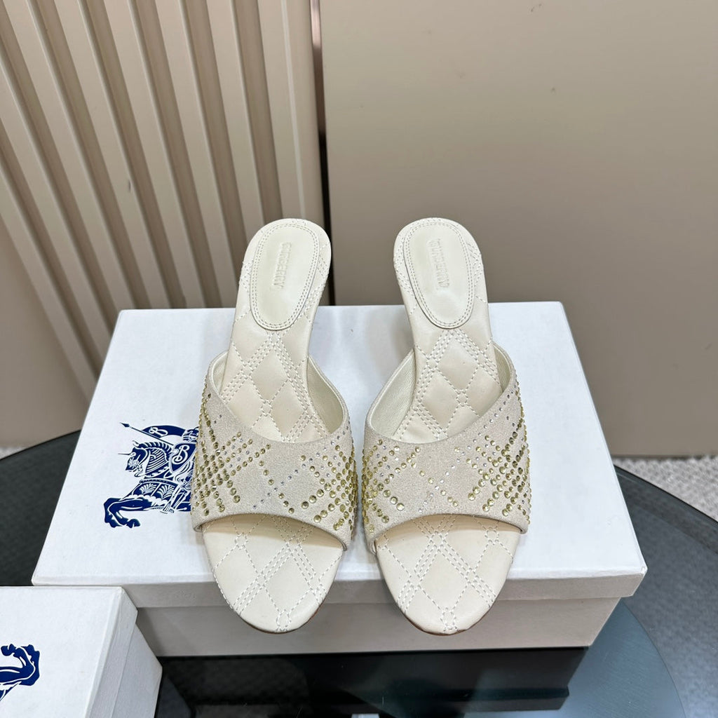 BURBERRY 26S HIGH-HEELED SANDALS 70 MM IN CREAM WHITE CALFSKIN AND SUEDE