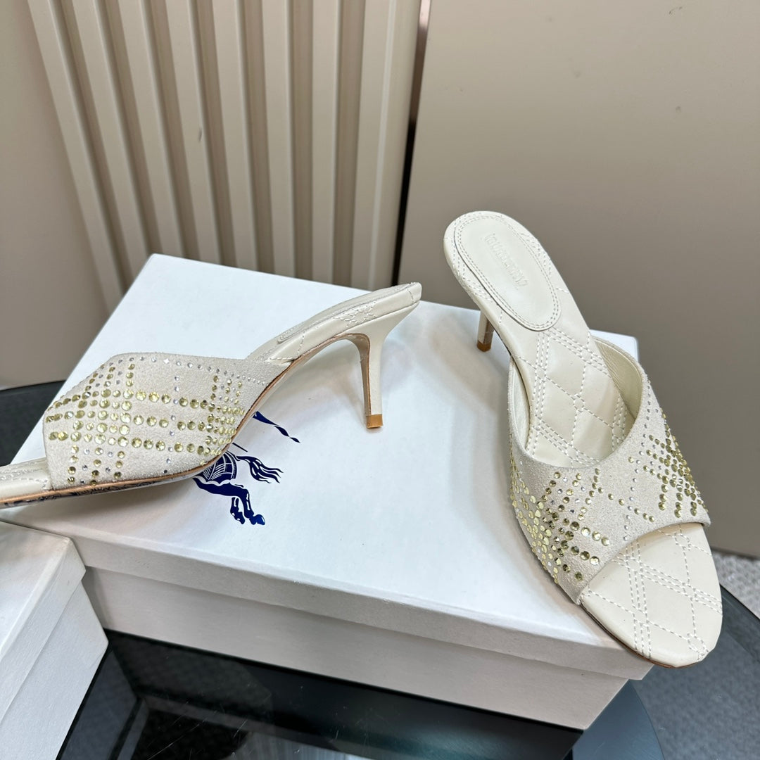 BURBERRY 26S HIGH-HEELED SANDALS 70 MM IN CREAM WHITE CALFSKIN AND SUEDE