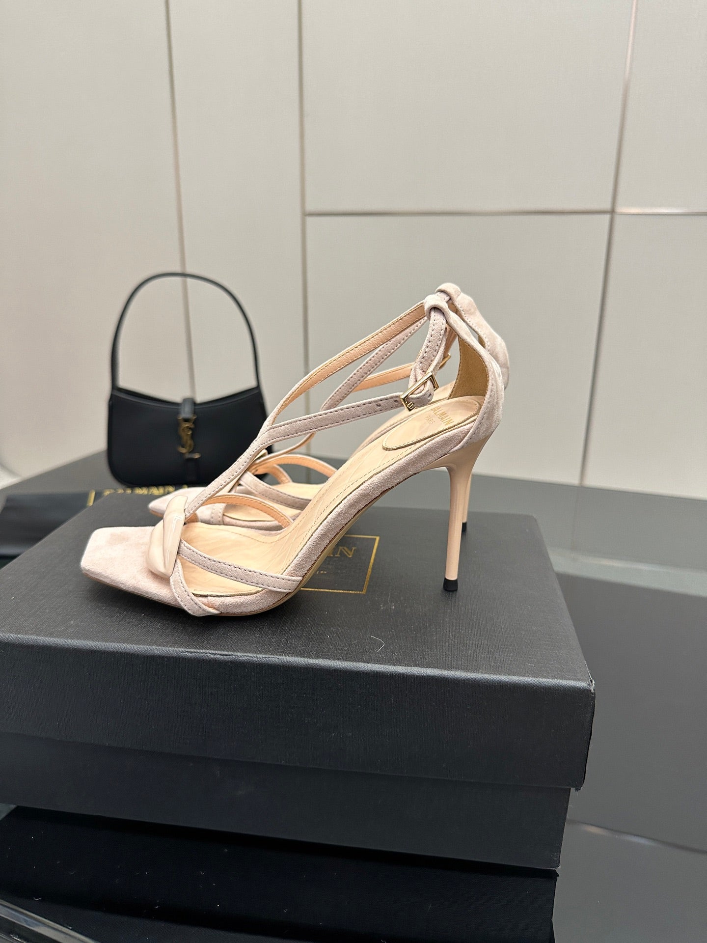 BALMAIN 25S LIPS SANDALS 10 IN BLUSH BEIGE SUEDE