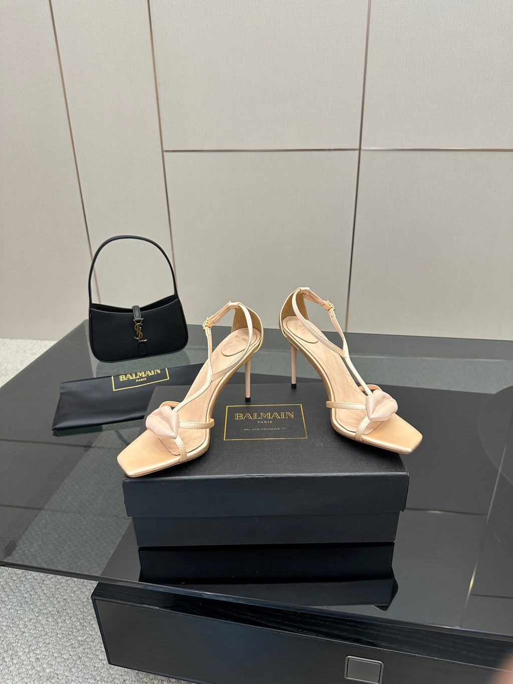 BALMAIN 25S LIPS SANDALS 10 IN BLUSH BEIGE SATIN