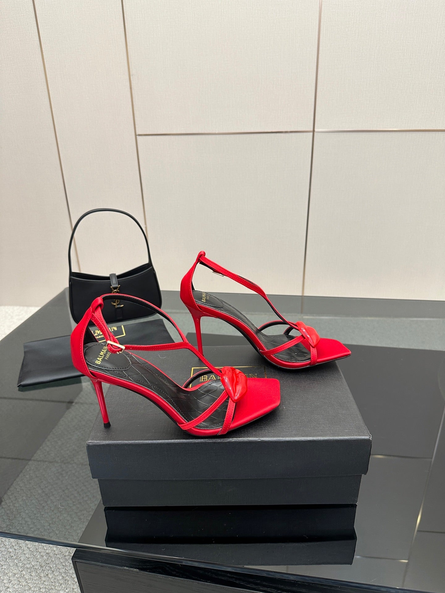 BALMAIN 25S LIPS SANDALS 10 IN CRIMSON RED SATIN
