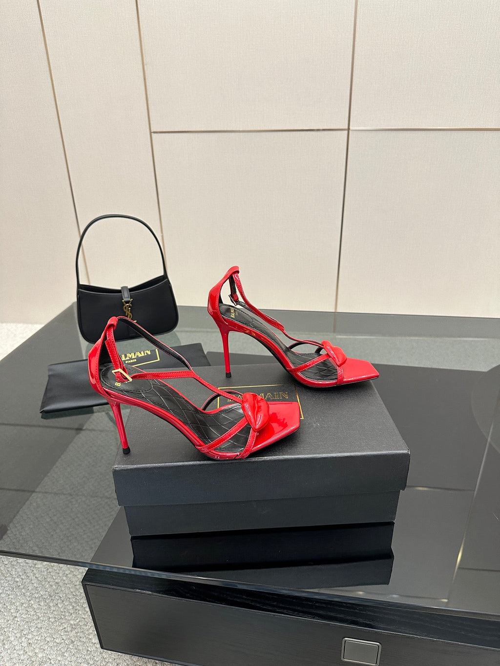 BALMAIN 25S LIPS SANDALS 10 IN CRIMSON RED CALFSKIN