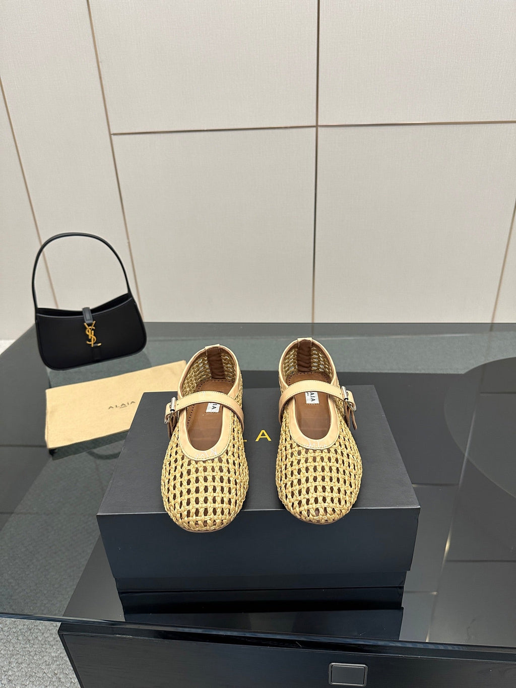 ALAIA MARY JANE FLAT 25S IN BEIGE WOVEN MESH