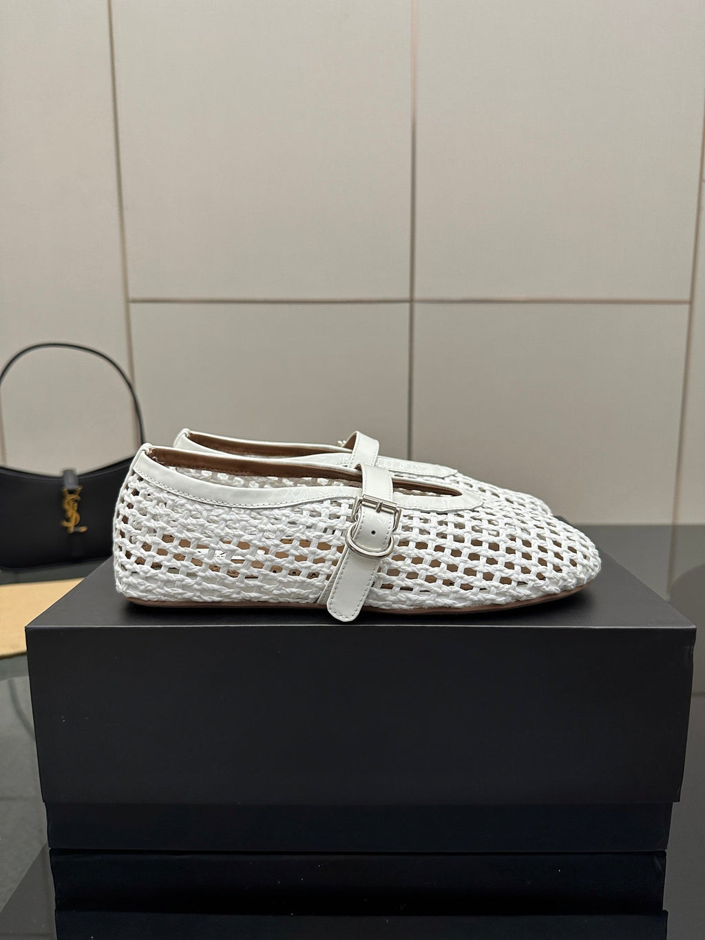 ALAIA MARY JANE FLAT 25S IN WHITE WOVEN MESH