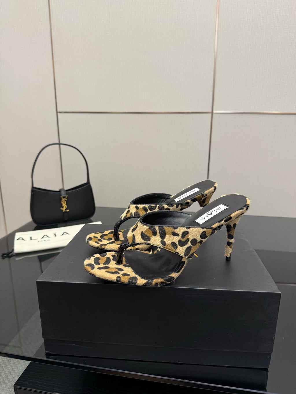 ALAIA HEELED THONG 25S IN LEOPARD PONY HAIR LEATHER