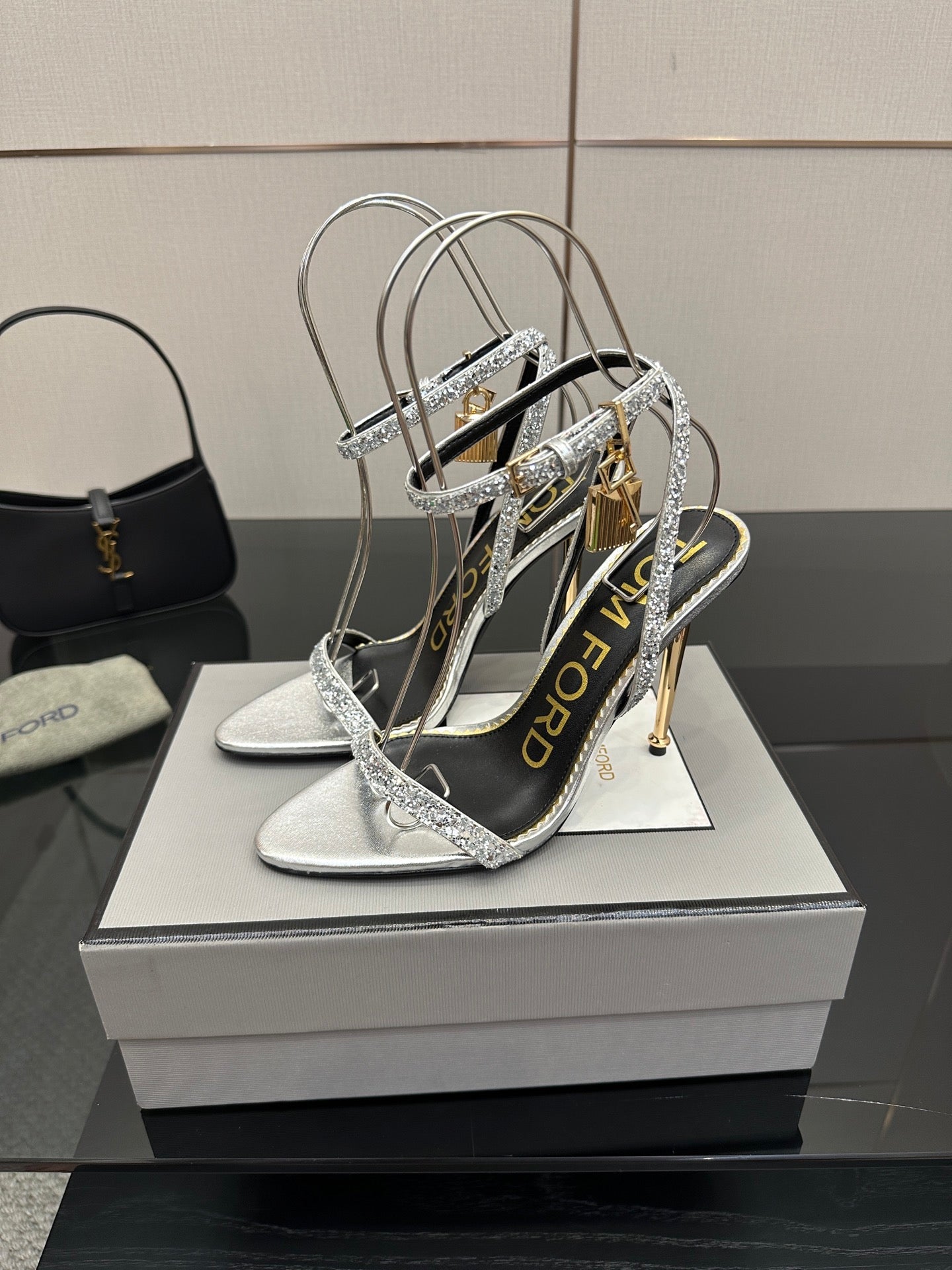 TOM FORD 26S HEELED SANDALS 100 MM IN SILVER CALFSKIN