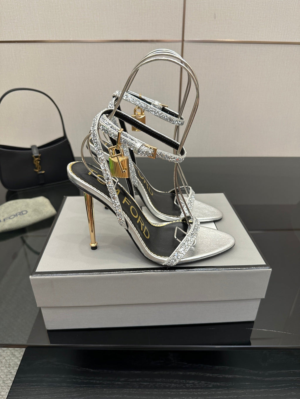 TOM FORD 26S HEELED SANDALS 100 MM IN SILVER CALFSKIN