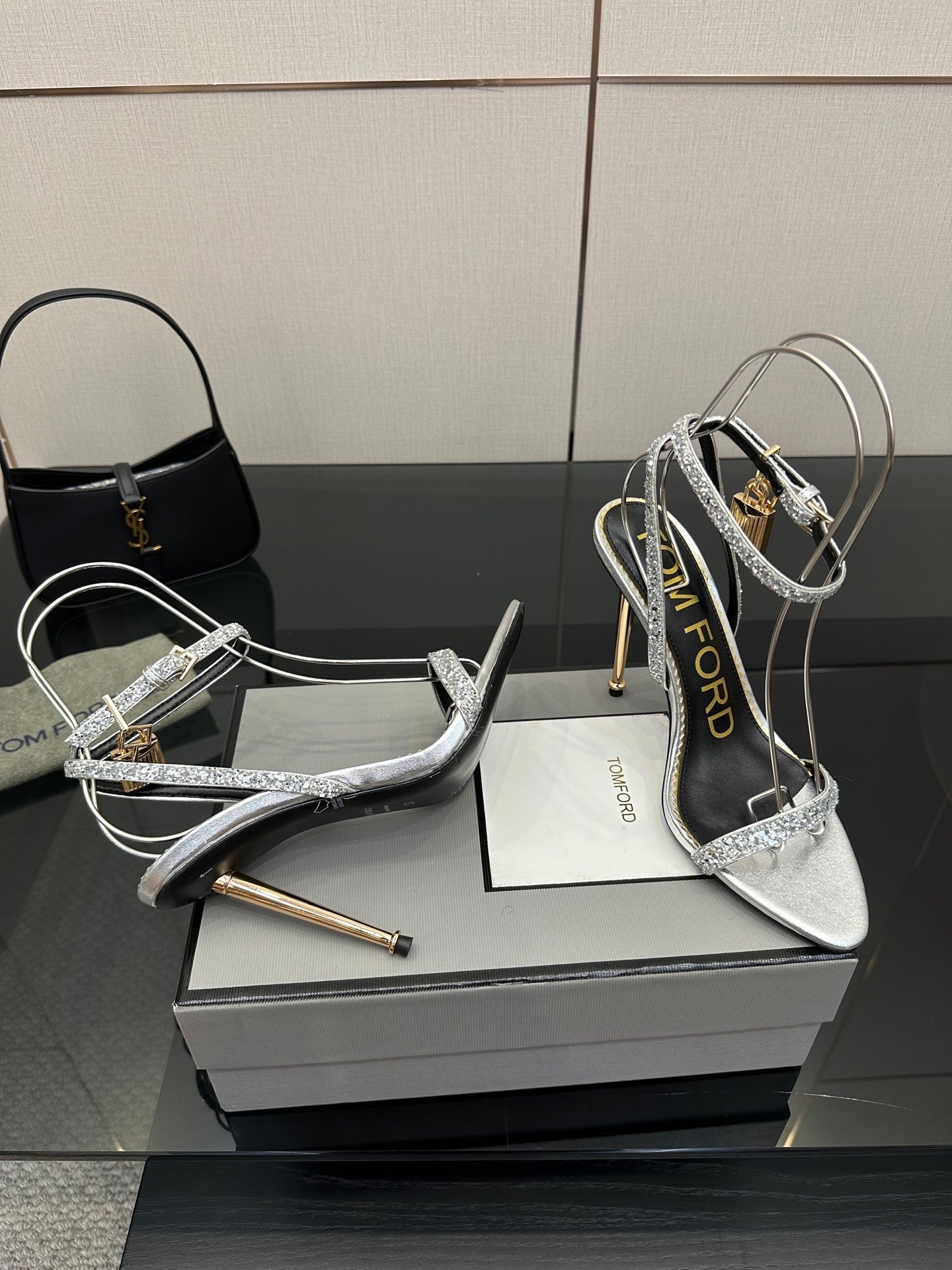 TOM FORD 26S HEELED SANDALS 100 MM IN SILVER CALFSKIN