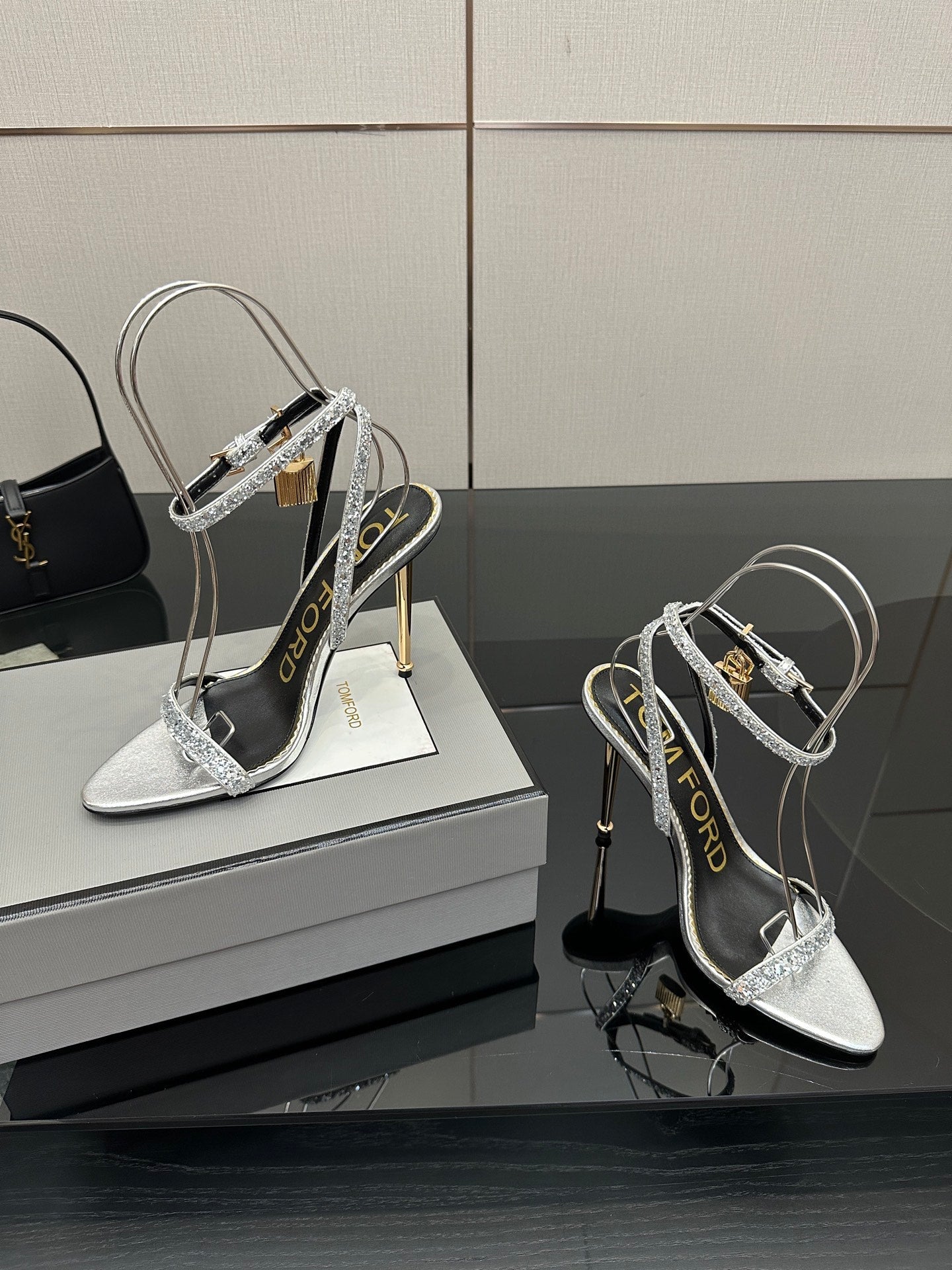 TOM FORD 26S HEELED SANDALS 100 MM IN SILVER CALFSKIN