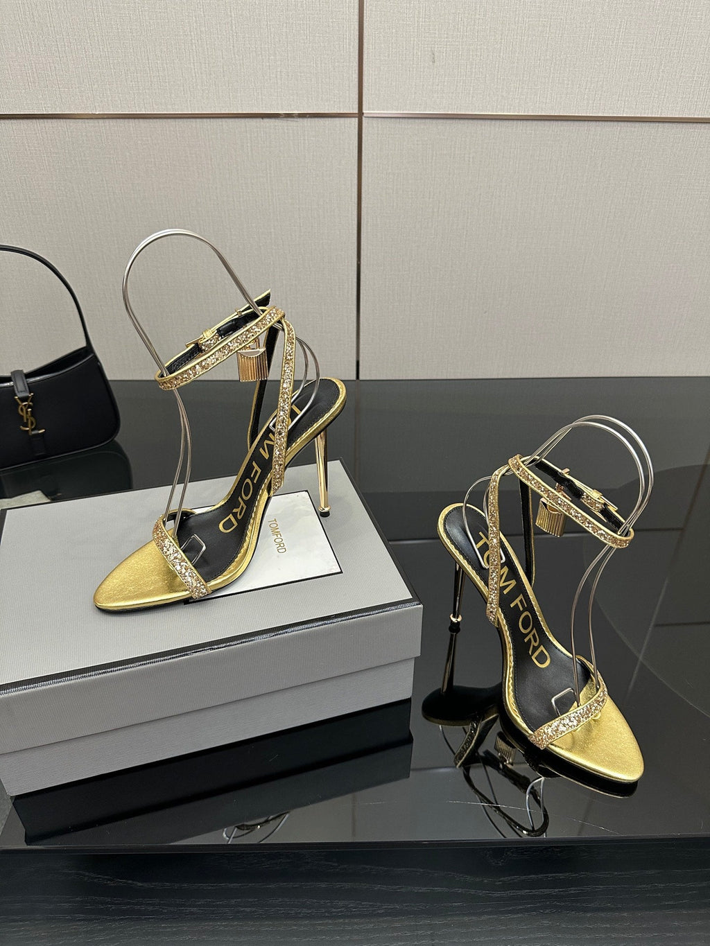 TOM FORD 26S HEELED SANDALS 100 MM IN METALLIC GOLD CALFSKIN
