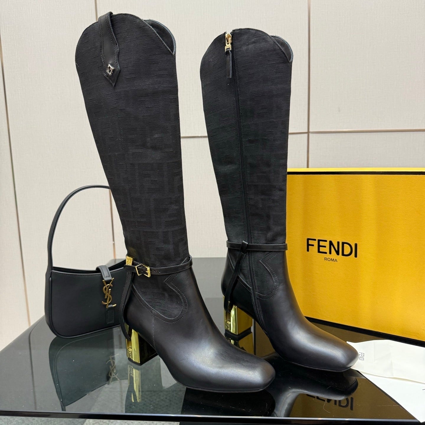 FENDI 25S KNEE-HIGH BOOTS 50 MM IN BLACK CALFSKIN AND FABRIC PRINT LOGO