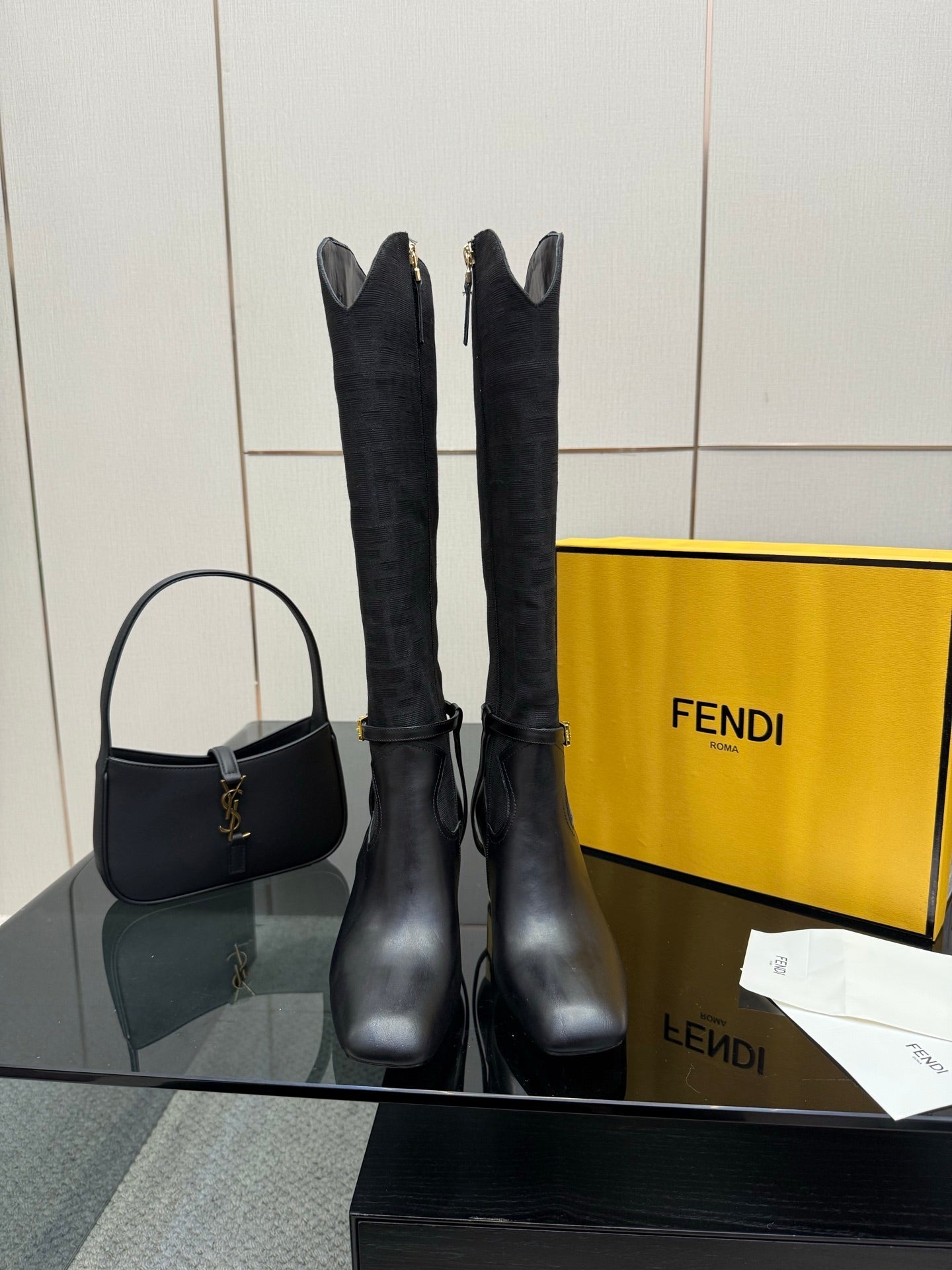 FENDI 25S KNEE-HIGH BOOTS 50 MM IN BLACK CALFSKIN AND FABRIC PRINT LOGO