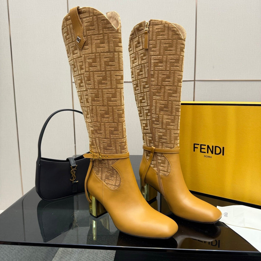 FENDI 25S KNEE-HIGH BOOTS 50 MM IN GOLDEN BROWN CALFSKIN AND FABRIC PRINT LOGO
