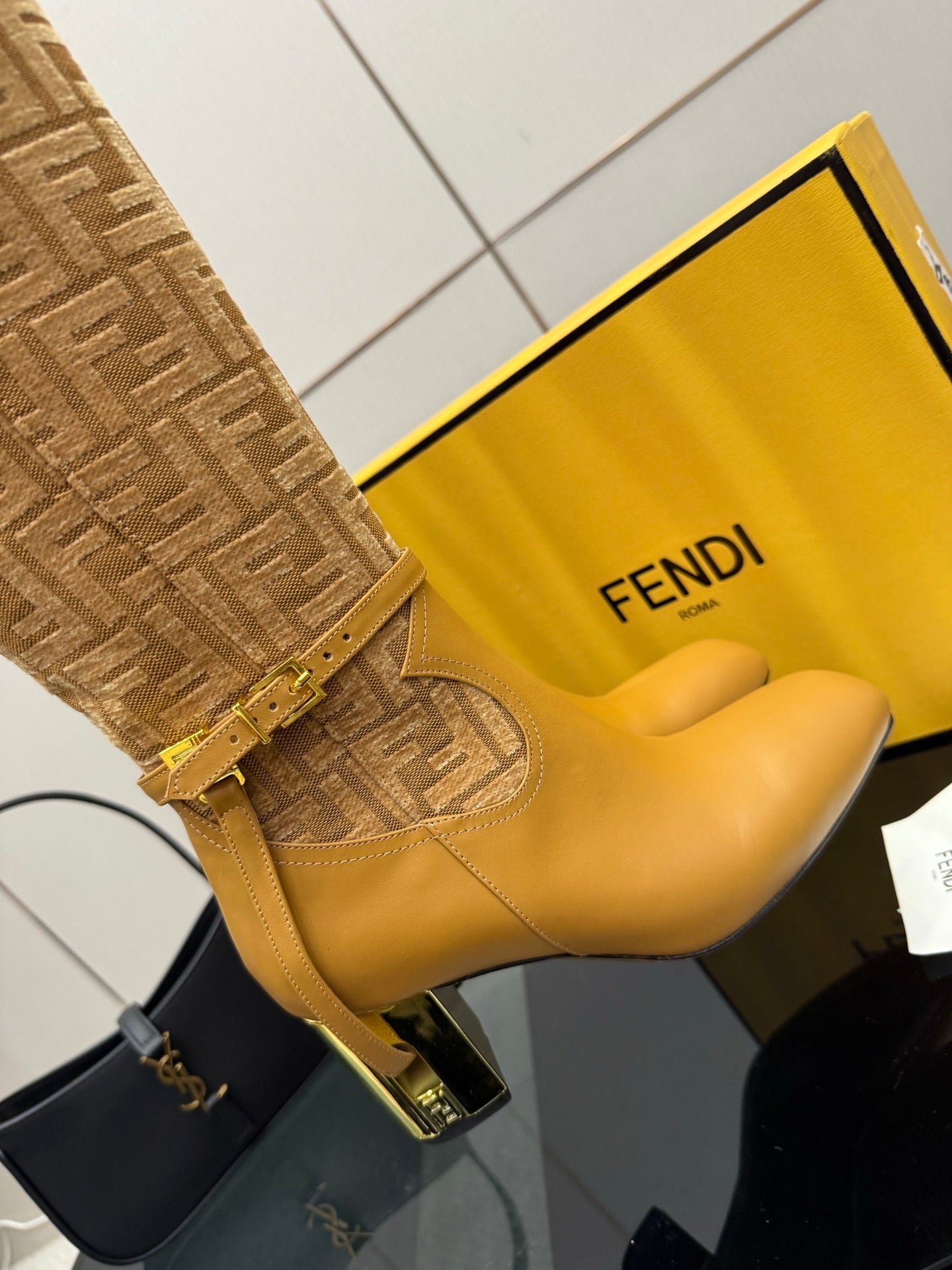 FENDI 25S KNEE-HIGH BOOTS 50 MM IN GOLDEN BROWN CALFSKIN AND FABRIC PRINT LOGO