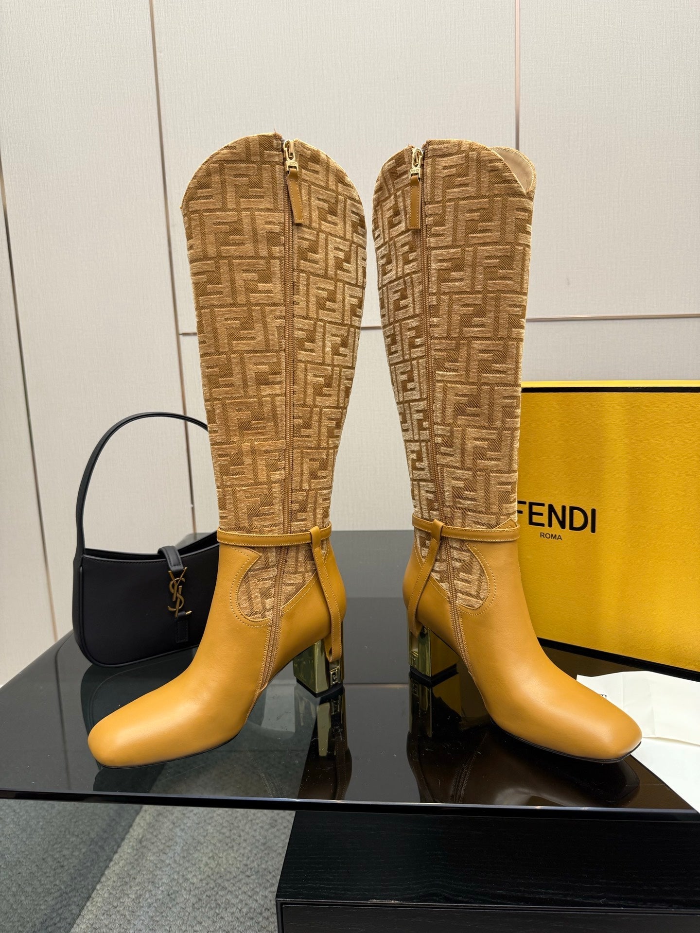 FENDI 25S KNEE-HIGH BOOTS 50 MM IN GOLDEN BROWN CALFSKIN AND FABRIC PRINT LOGO
