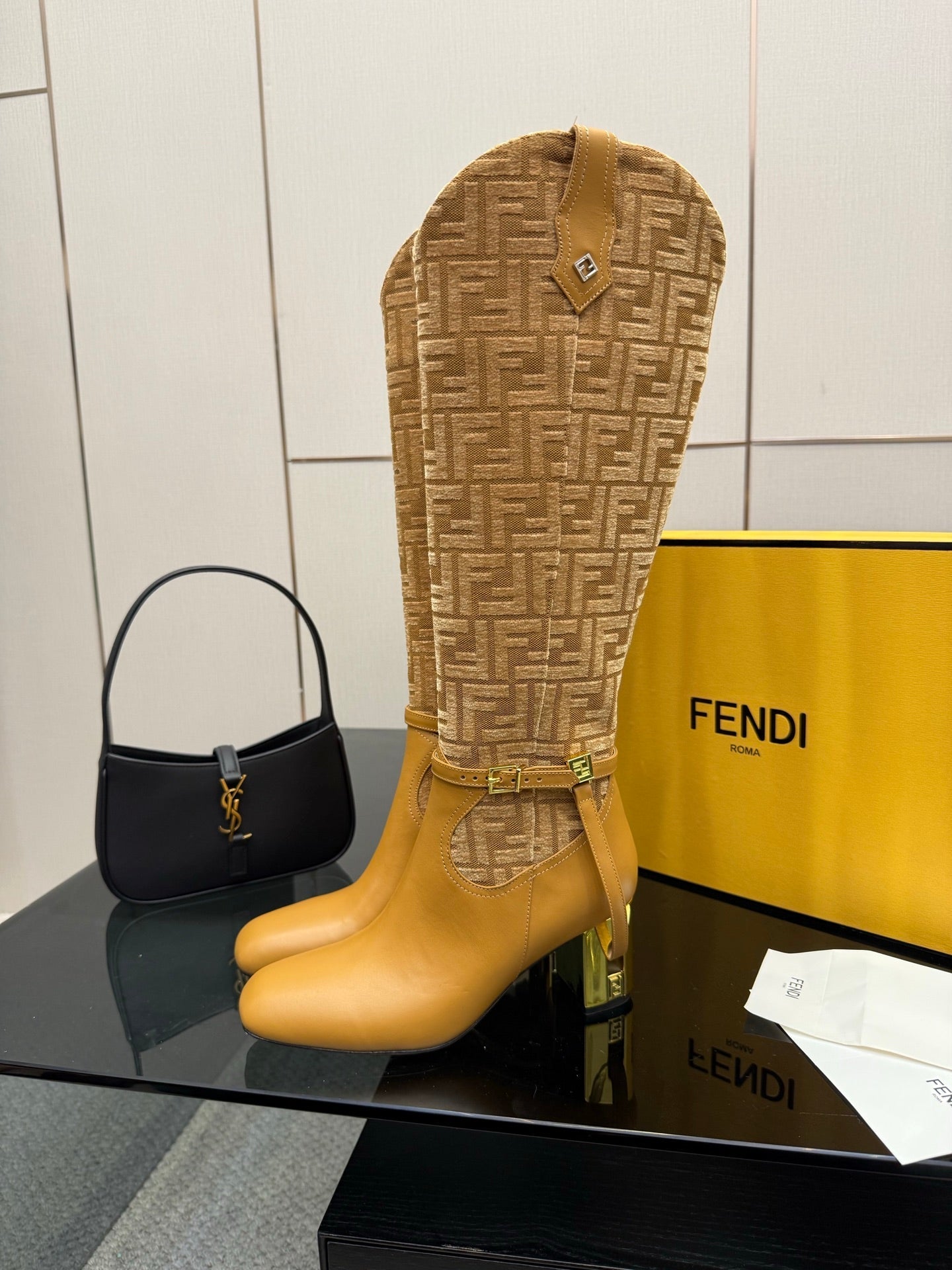 FENDI 25S KNEE-HIGH BOOTS 50 MM IN GOLDEN BROWN CALFSKIN AND FABRIC PRINT LOGO