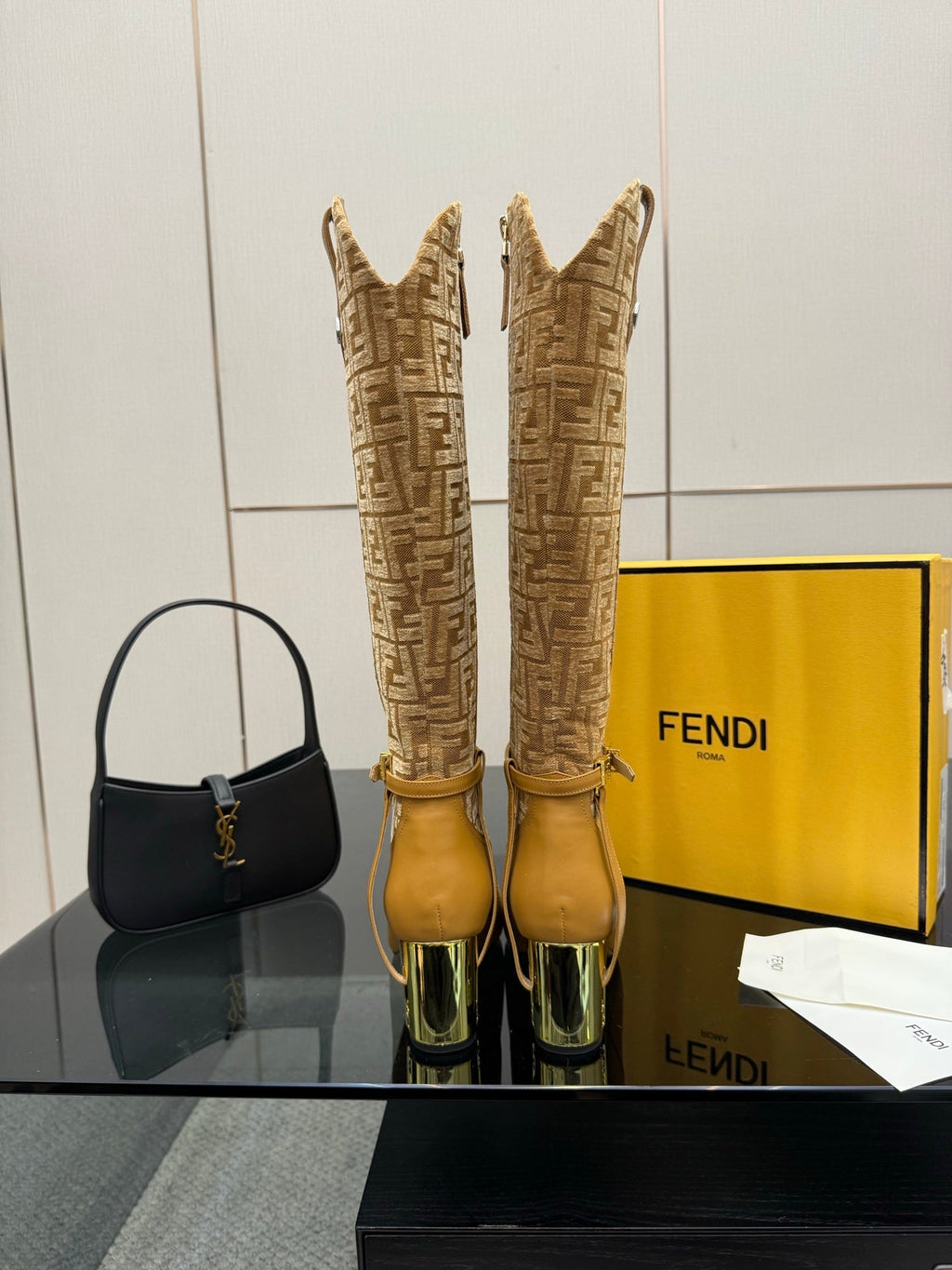 FENDI 25S KNEE-HIGH BOOTS 50 MM IN GOLDEN BROWN CALFSKIN AND FABRIC PRINT LOGO