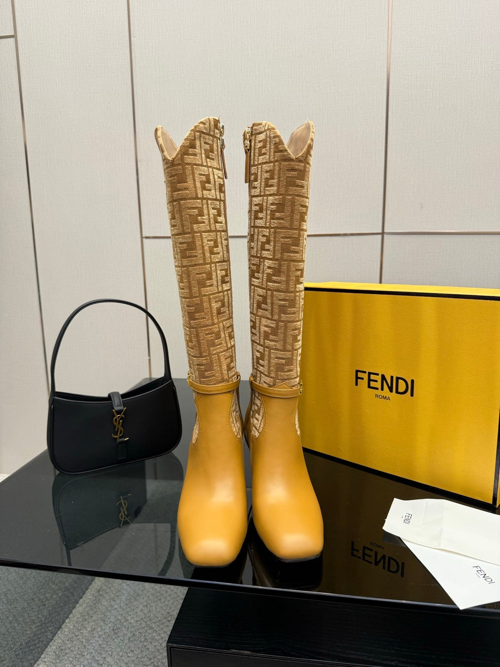 FENDI 25S KNEE-HIGH BOOTS 50 MM IN GOLDEN BROWN CALFSKIN AND FABRIC PRINT LOGO