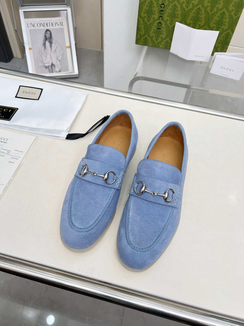 LOAFERS WITH SILVER HARDWARE IN CORNFLOWER BLUE SUEDE