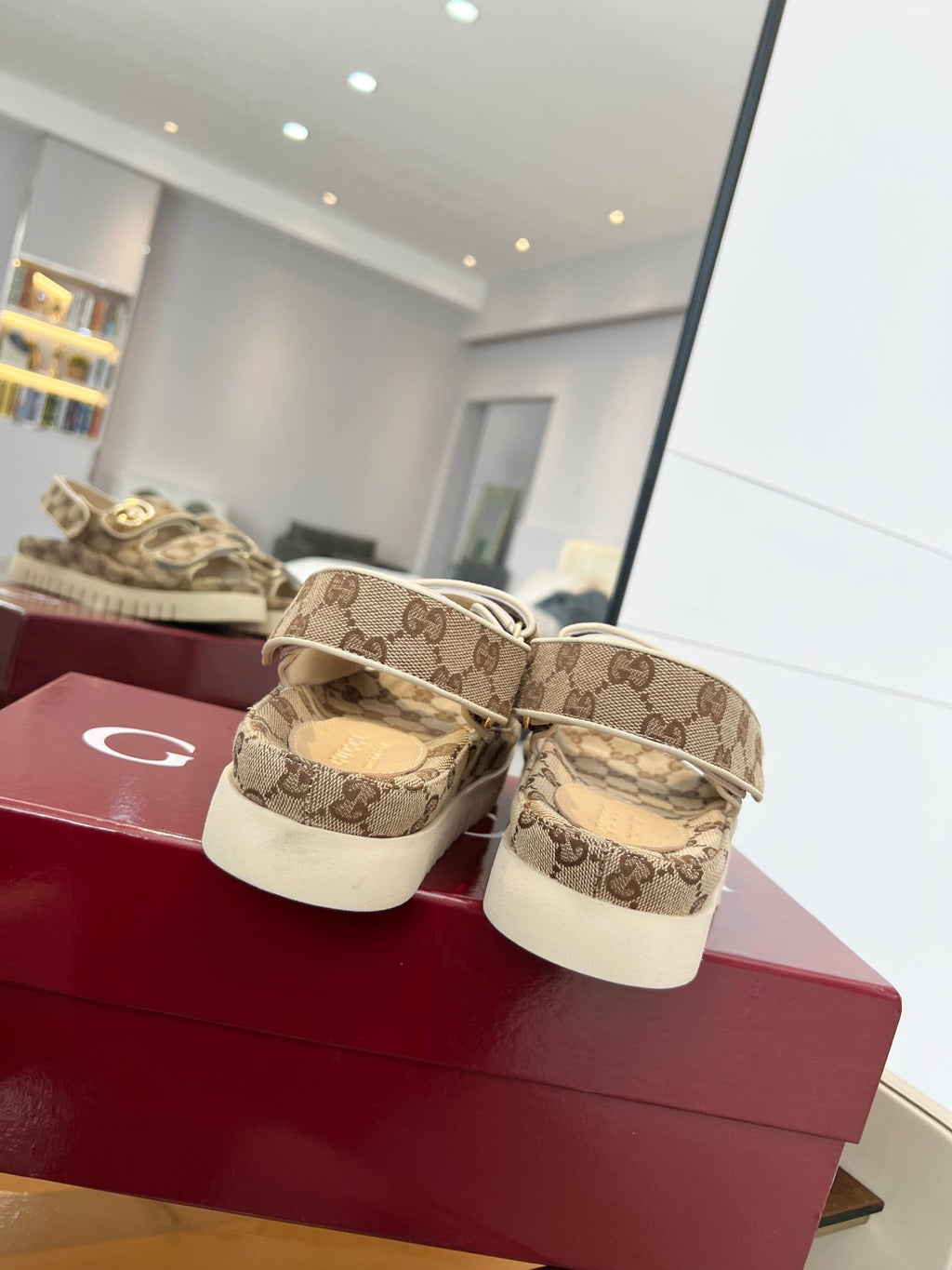 VELCRO STRAP SANDALS IN BEIGE AND DARK BROWN MONOGRAM CANVAS GOLD HARDWARE