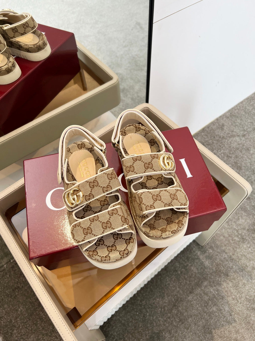 VELCRO STRAP SANDALS IN BEIGE AND DARK BROWN MONOGRAM CANVAS GOLD HARDWARE