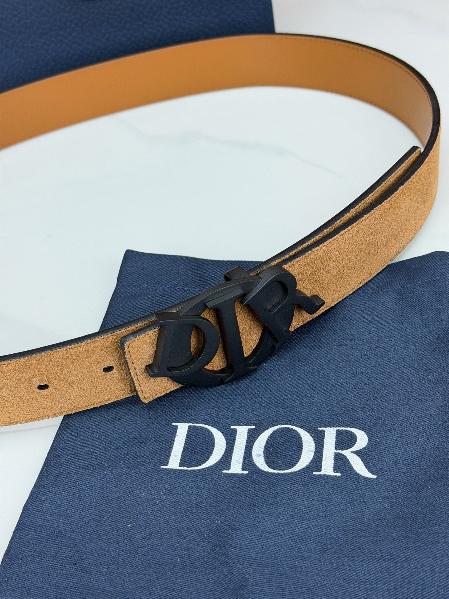 DIOR 26S CD LOGO BELT IN BROWN SUEDE CALFSKIN BLACK HARDWARE 633688