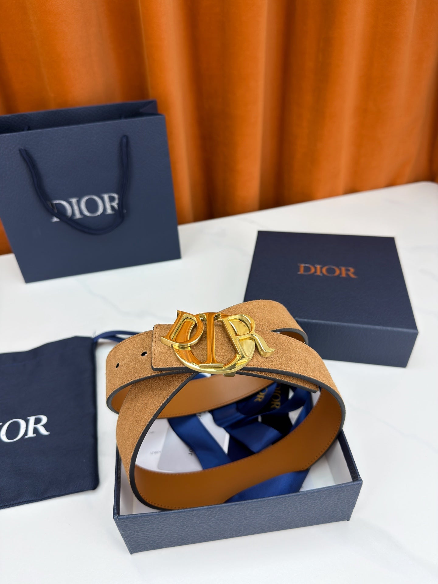 DIOR 26S CD LOGO BELT IN BROWN SUEDE CALFSKIN GOLD HARDWARE