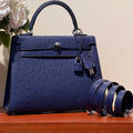 KELLY SELLIER 25 BAG IN NAVY BLUE OSTRICH LEATHER WITH SILVER HARDWARE