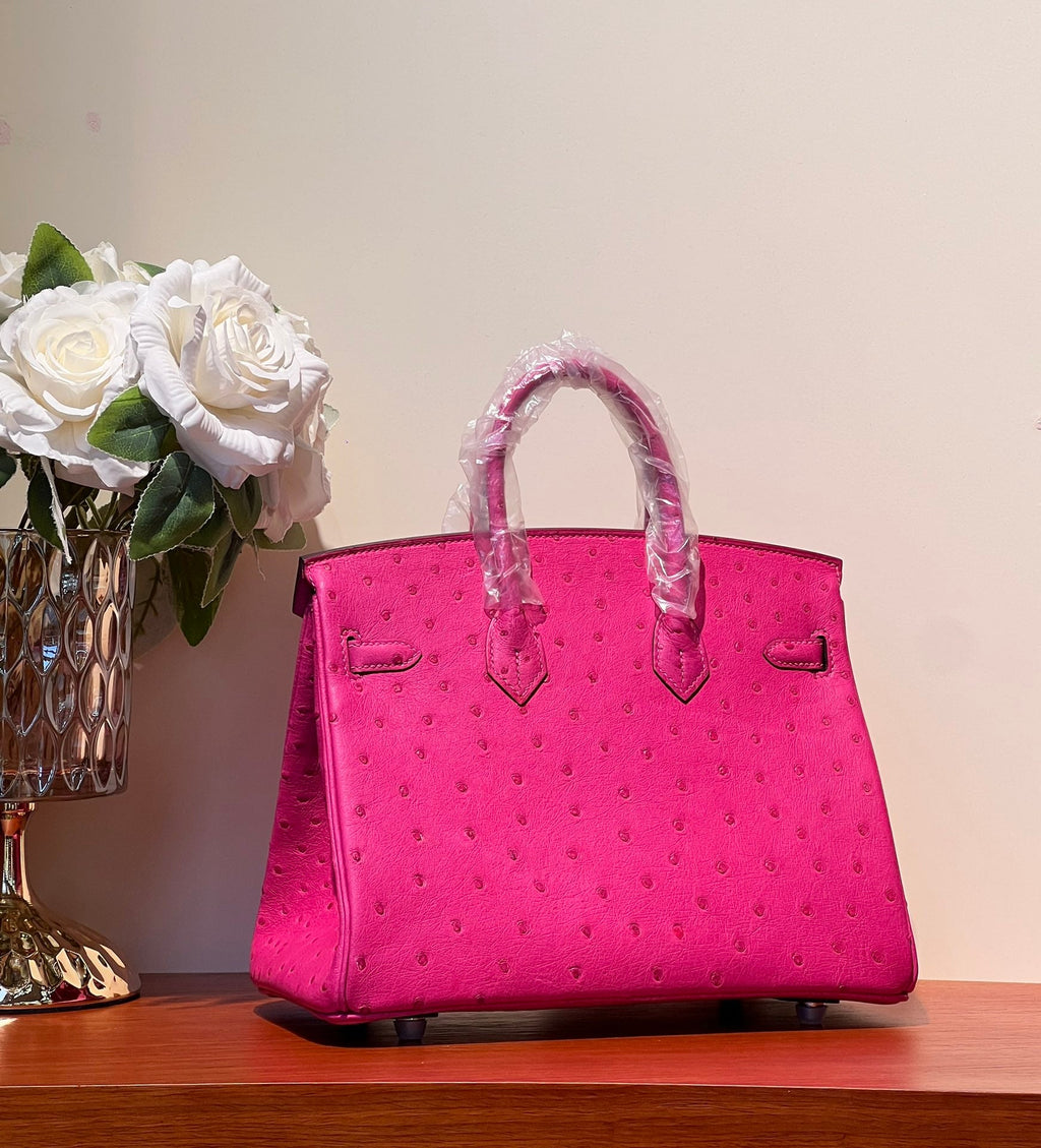 KELLY SELLIER 25 BAG IN BRIGHT PINK OSTRICH LEATHER WITH SILVER HARDWARE