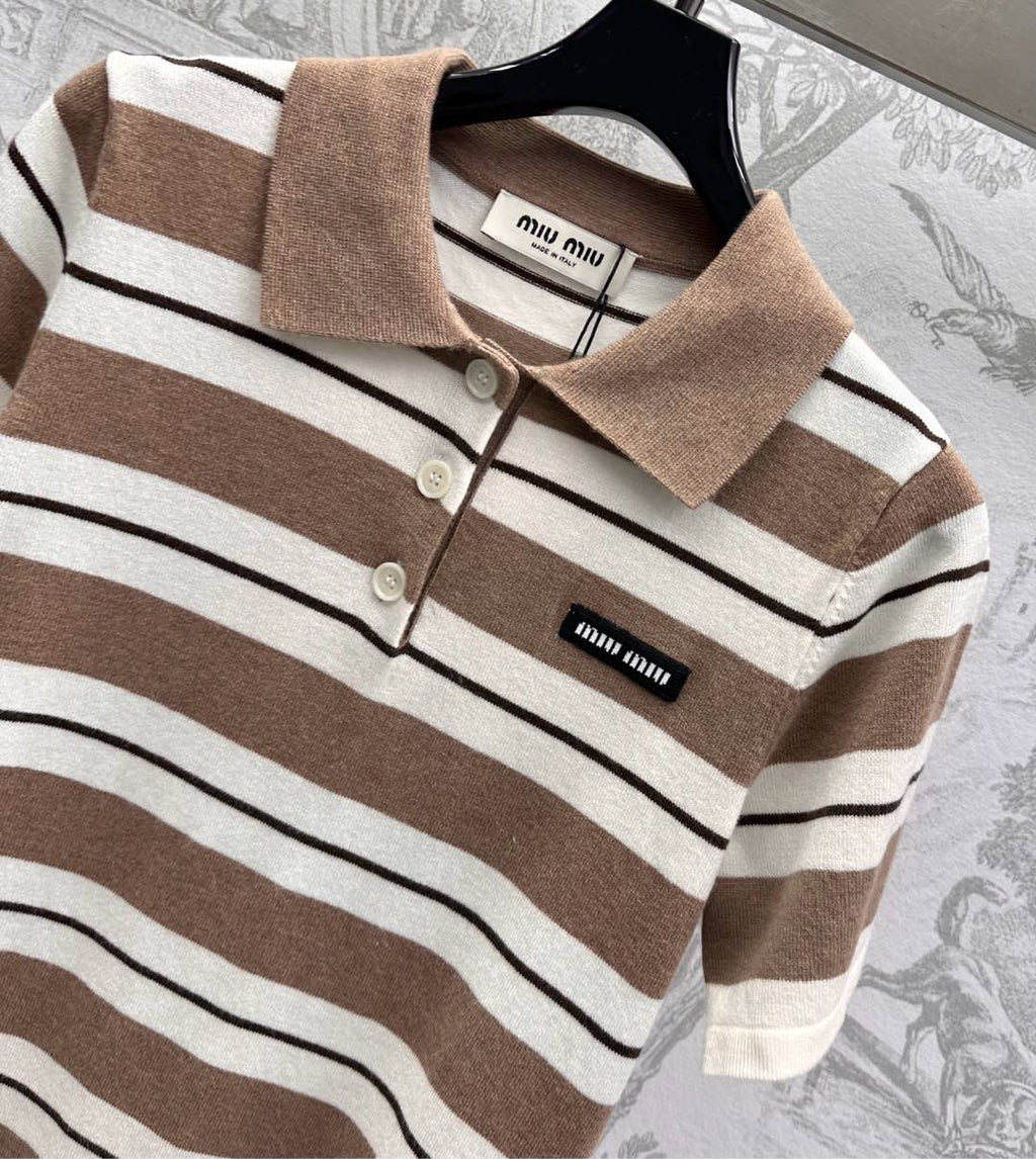 Miu 25 Polo T-Shirt Brown mix Beige Virgin Wool 233466
