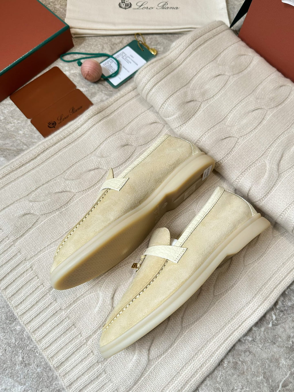 SUMMER WALK LOAFERS BEIGE SUEDE GOLD PADLOCK CHARM