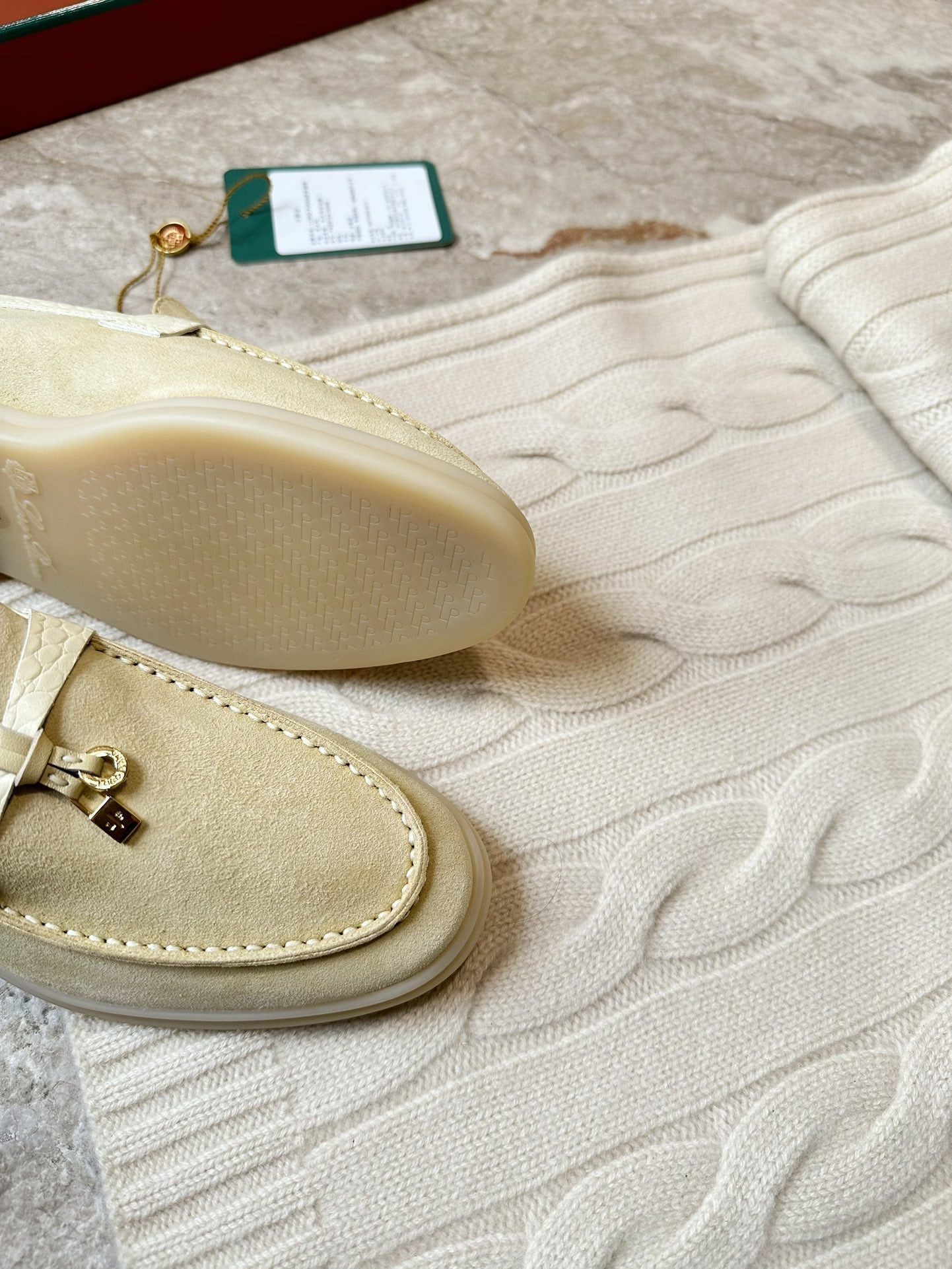 SUMMER WALK LOAFERS BEIGE SUEDE GOLD PADLOCK CHARM