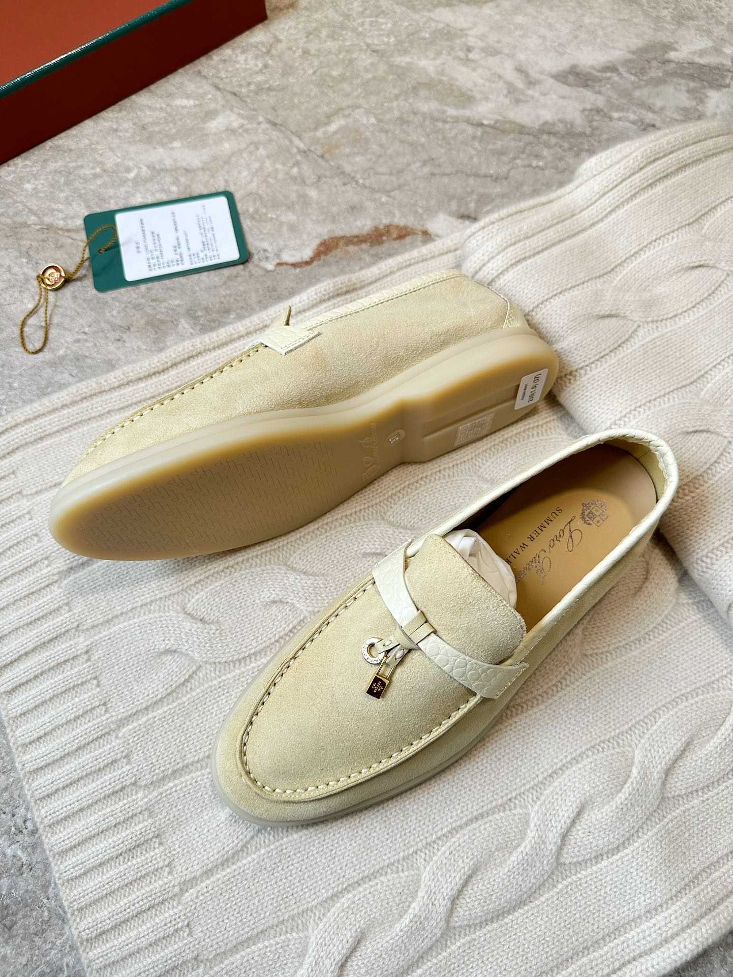 SUMMER WALK LOAFERS BEIGE SUEDE GOLD PADLOCK CHARM