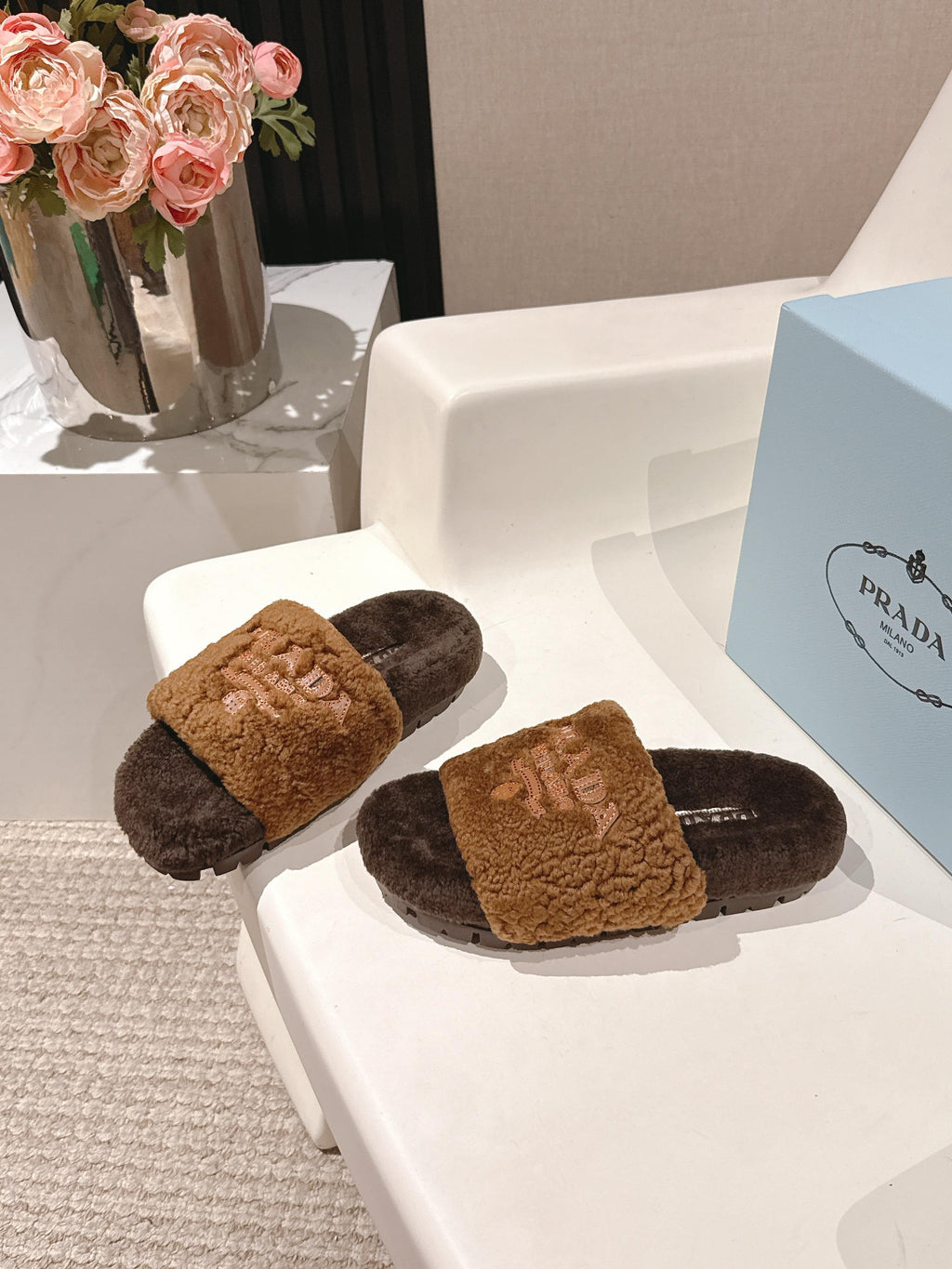 PRADA 25S FLAT MULES IN DARK BROWN RABBIT FUR