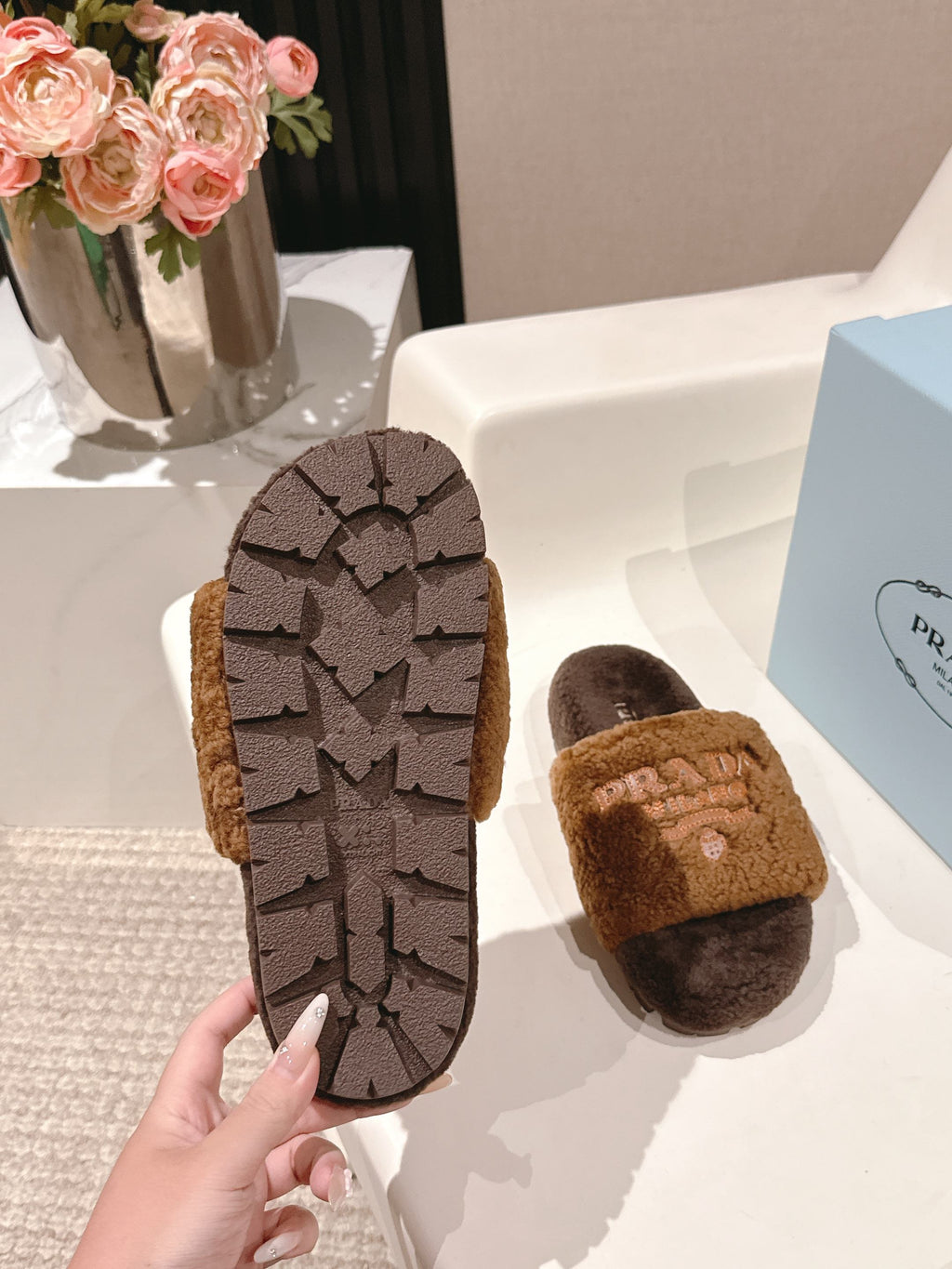 PRADA 25S FLAT MULES IN DARK BROWN RABBIT FUR