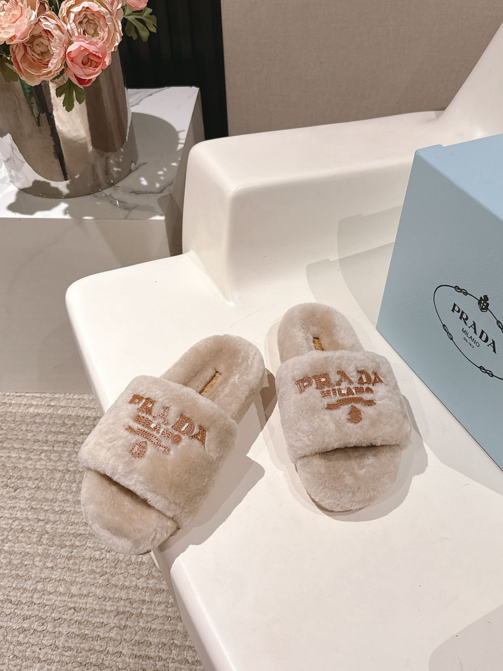 PRADA 25S FLAT MULES IN WARM TAUPE RABBIT FUR