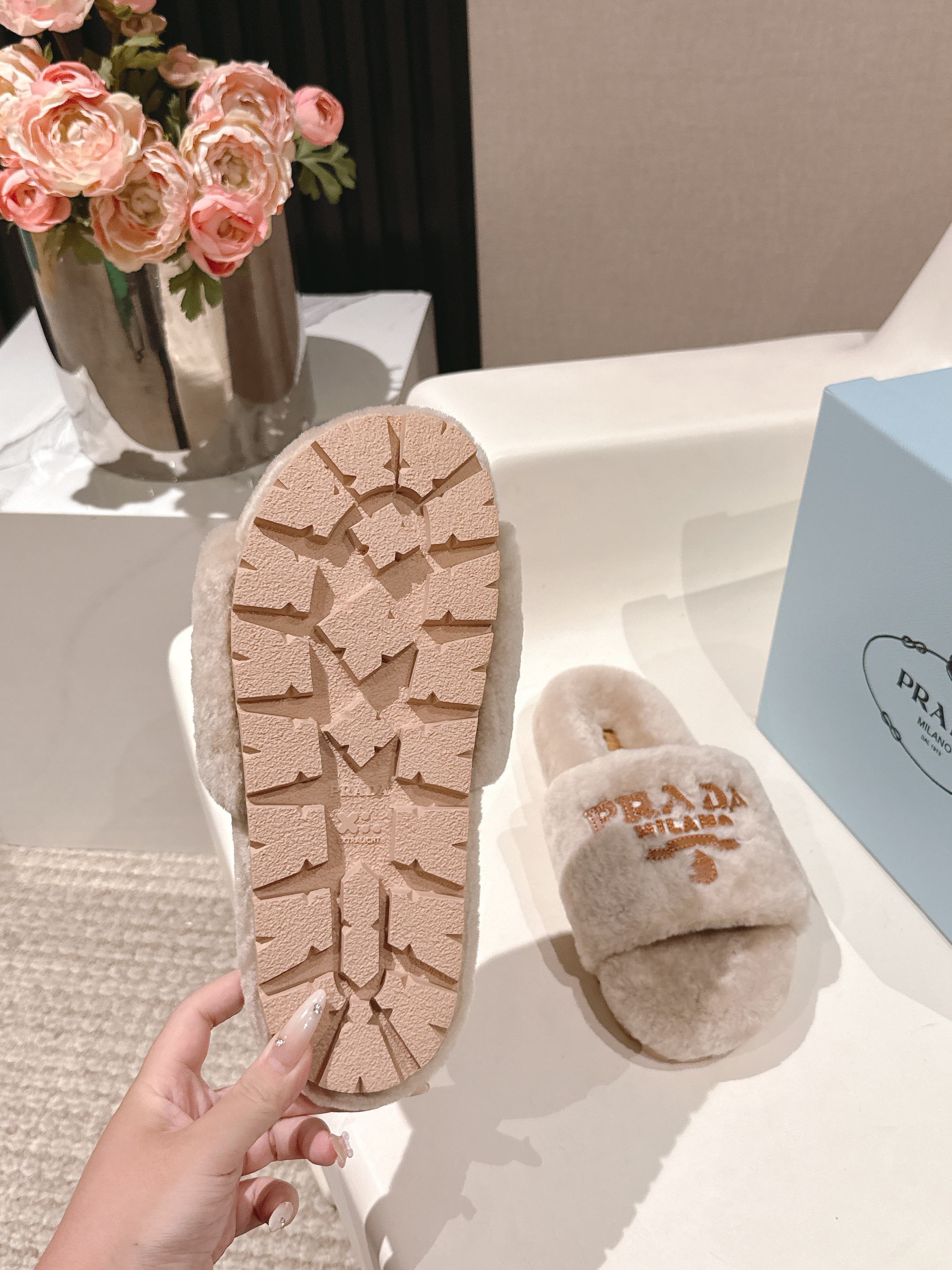 PRADA 25S FLAT MULES IN WARM TAUPE RABBIT FUR