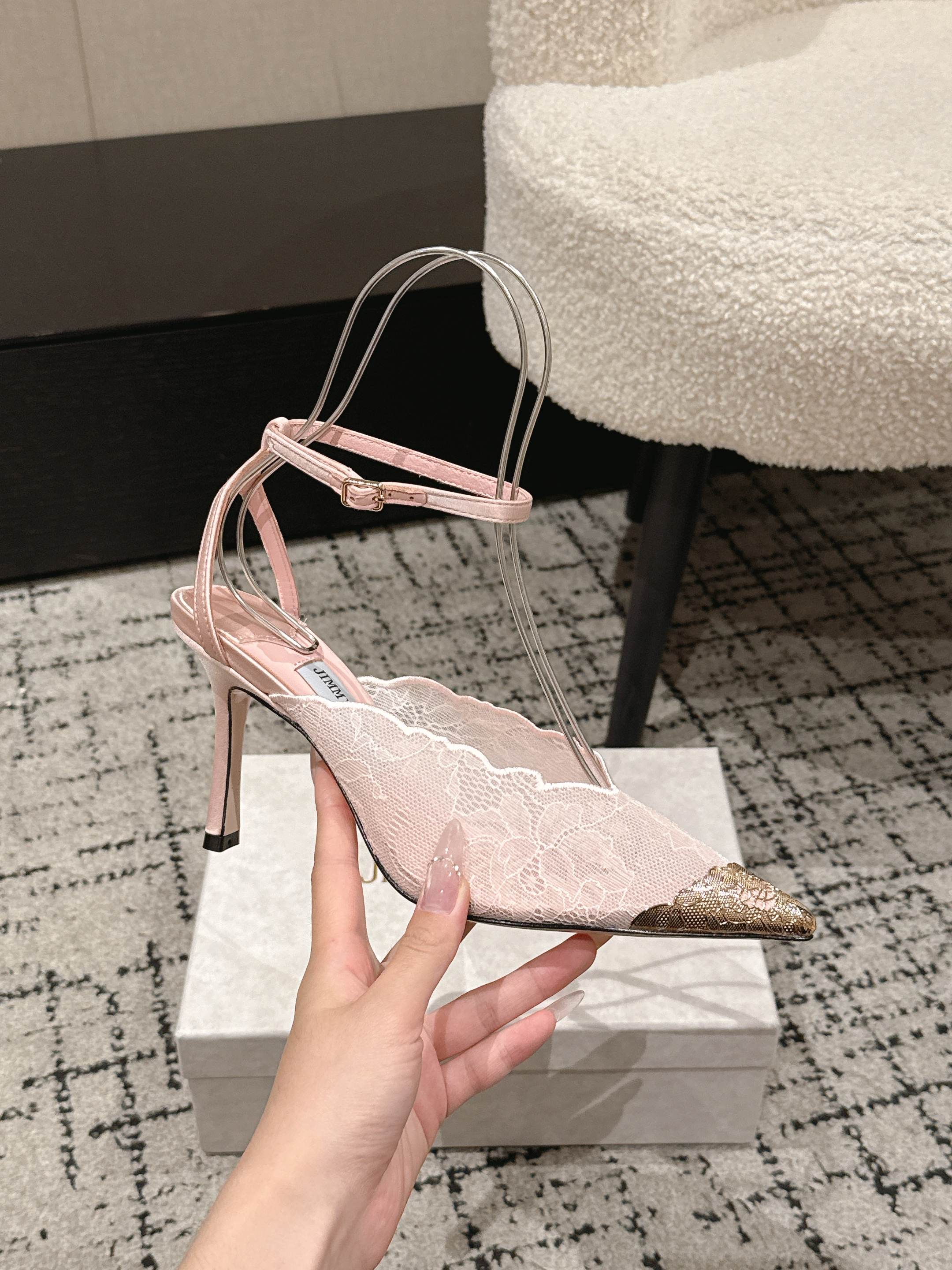 JIMMY CHOO 26S SLINGBACK HEELS 95 MM IN LIGHT PINK LACE