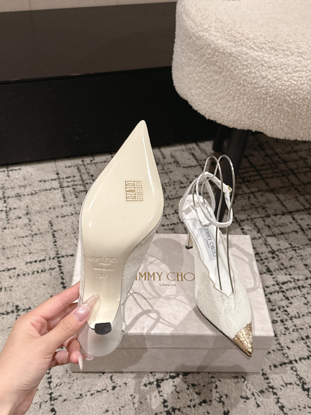JIMMY CHOO 26S SLINGBACK HEELS 95 MM IN WHITE LACE