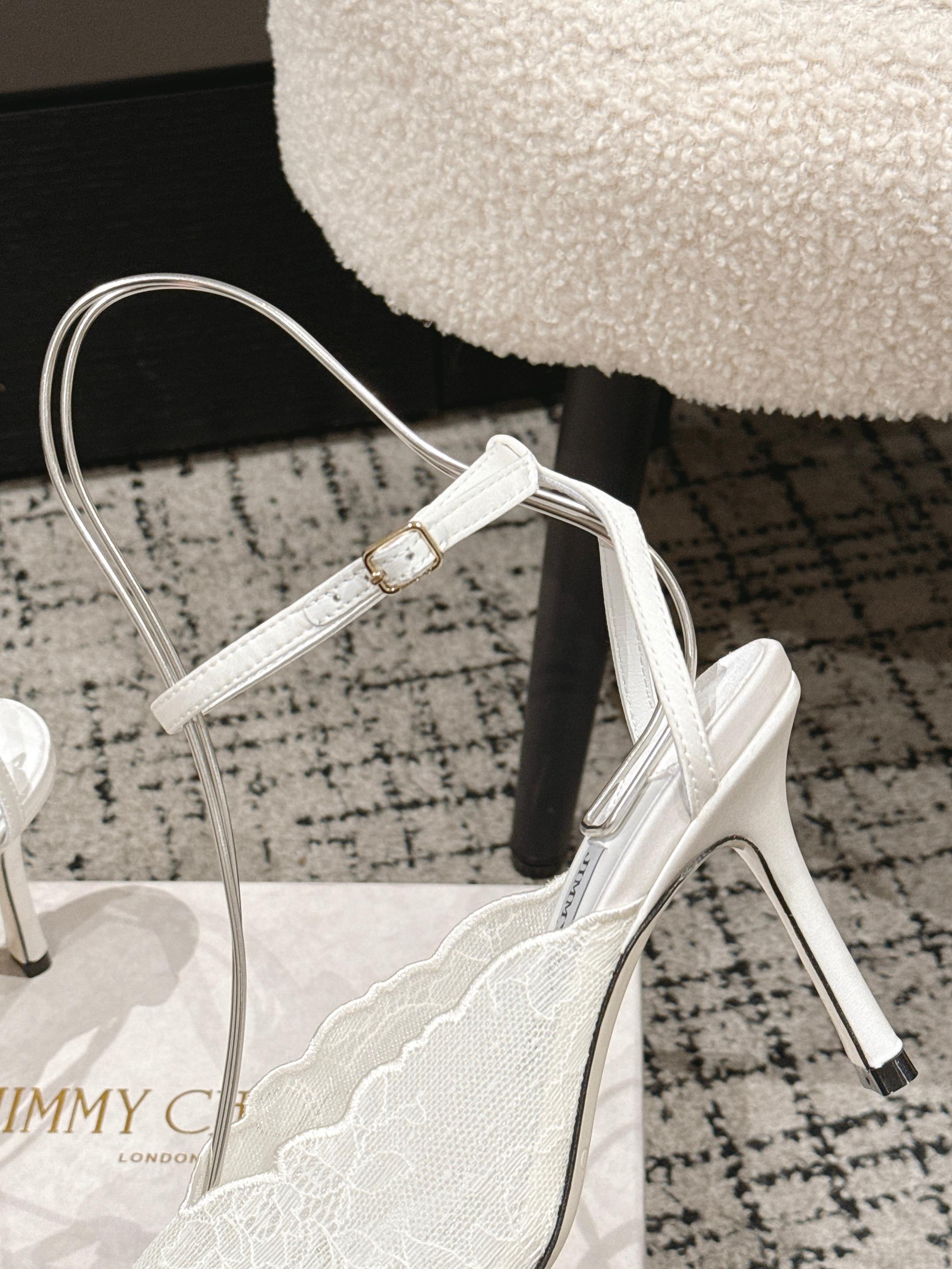 JIMMY CHOO 26S SLINGBACK HEELS 95 MM IN WHITE LACE