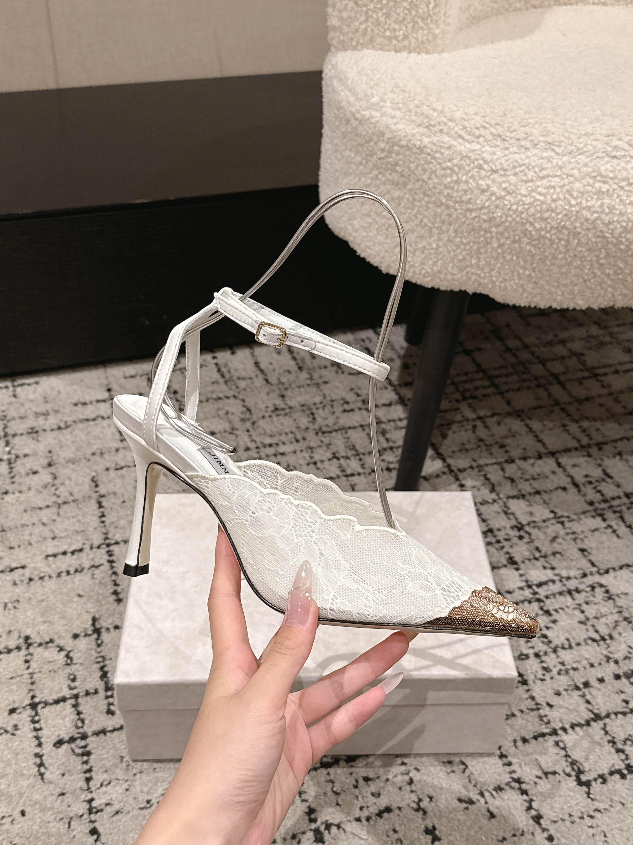 JIMMY CHOO 26S SLINGBACK HEELS 95 MM IN WHITE LACE