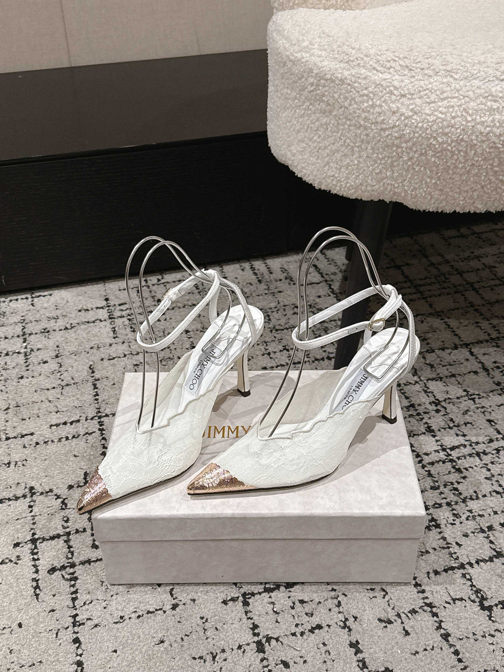 JIMMY CHOO 26S SLINGBACK HEELS 95 MM IN WHITE LACE