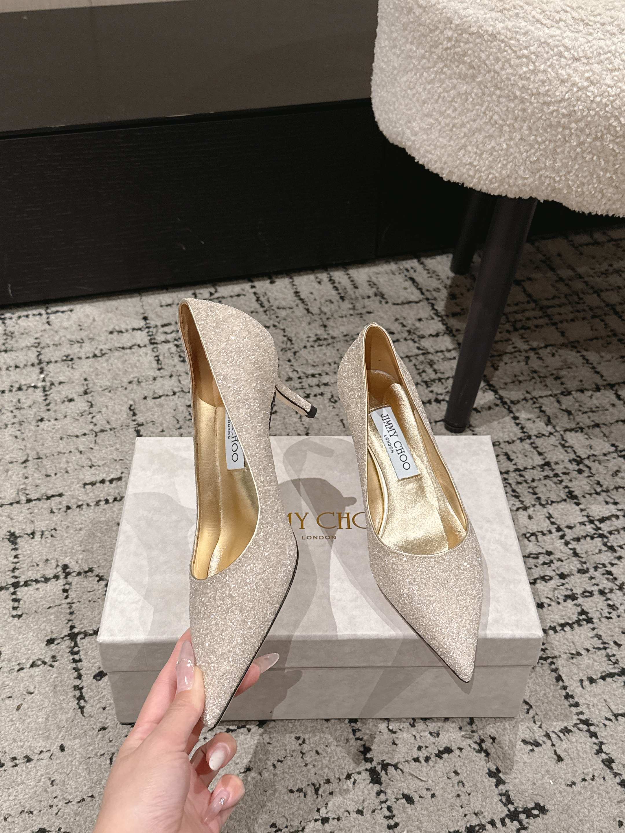 JIMMY CHOO 26S HIGH HEELS 65 MM IN CHAMPAGNE GOLD GLITTER
