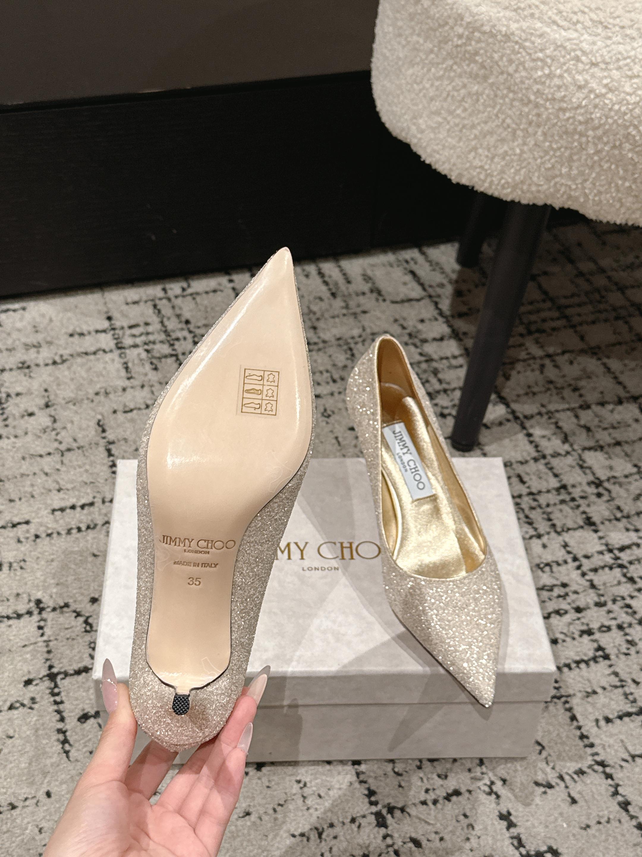 JIMMY CHOO 26S HIGH HEELS 65 MM IN CHAMPAGNE GOLD GLITTER
