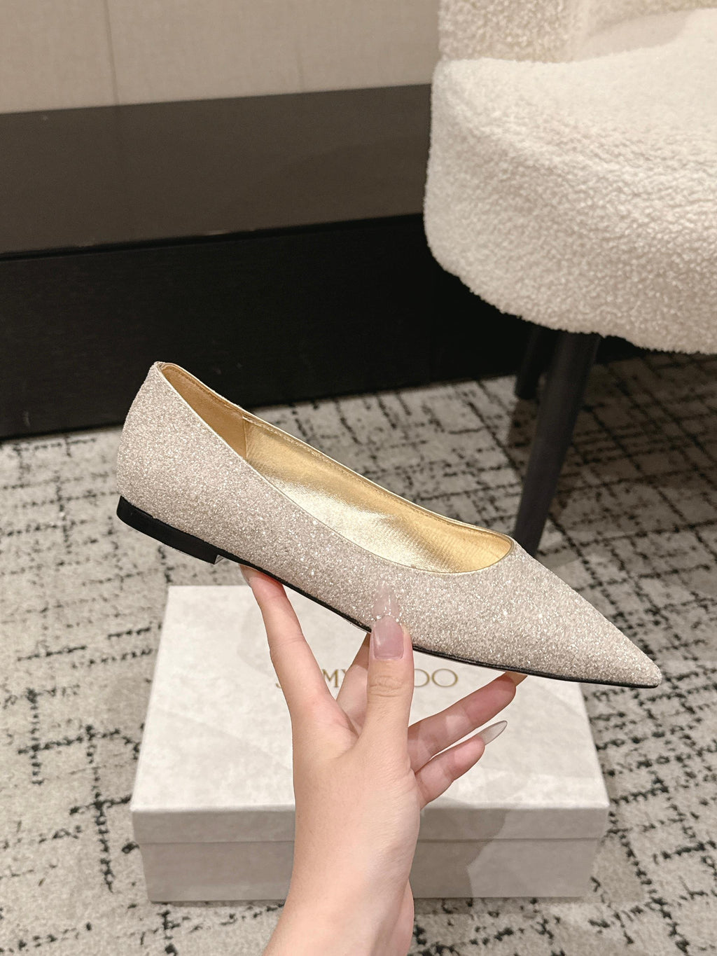 JIMMY CHOO 26S POINTED FLATS IN CHAMPAGNE GOLD GLITTER