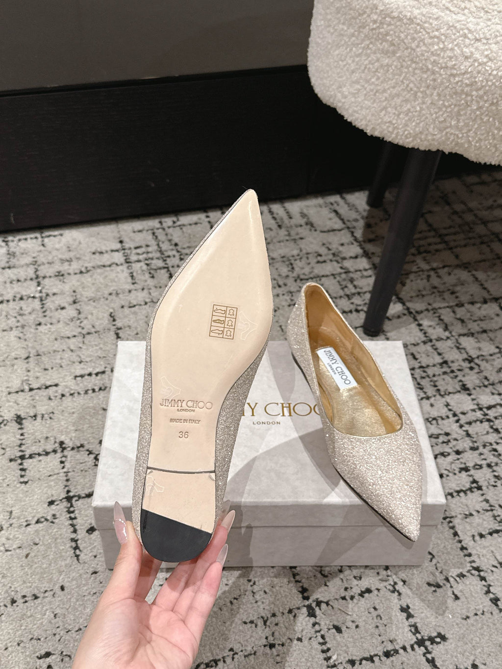 JIMMY CHOO 26S POINTED FLATS IN CHAMPAGNE GOLD GLITTER