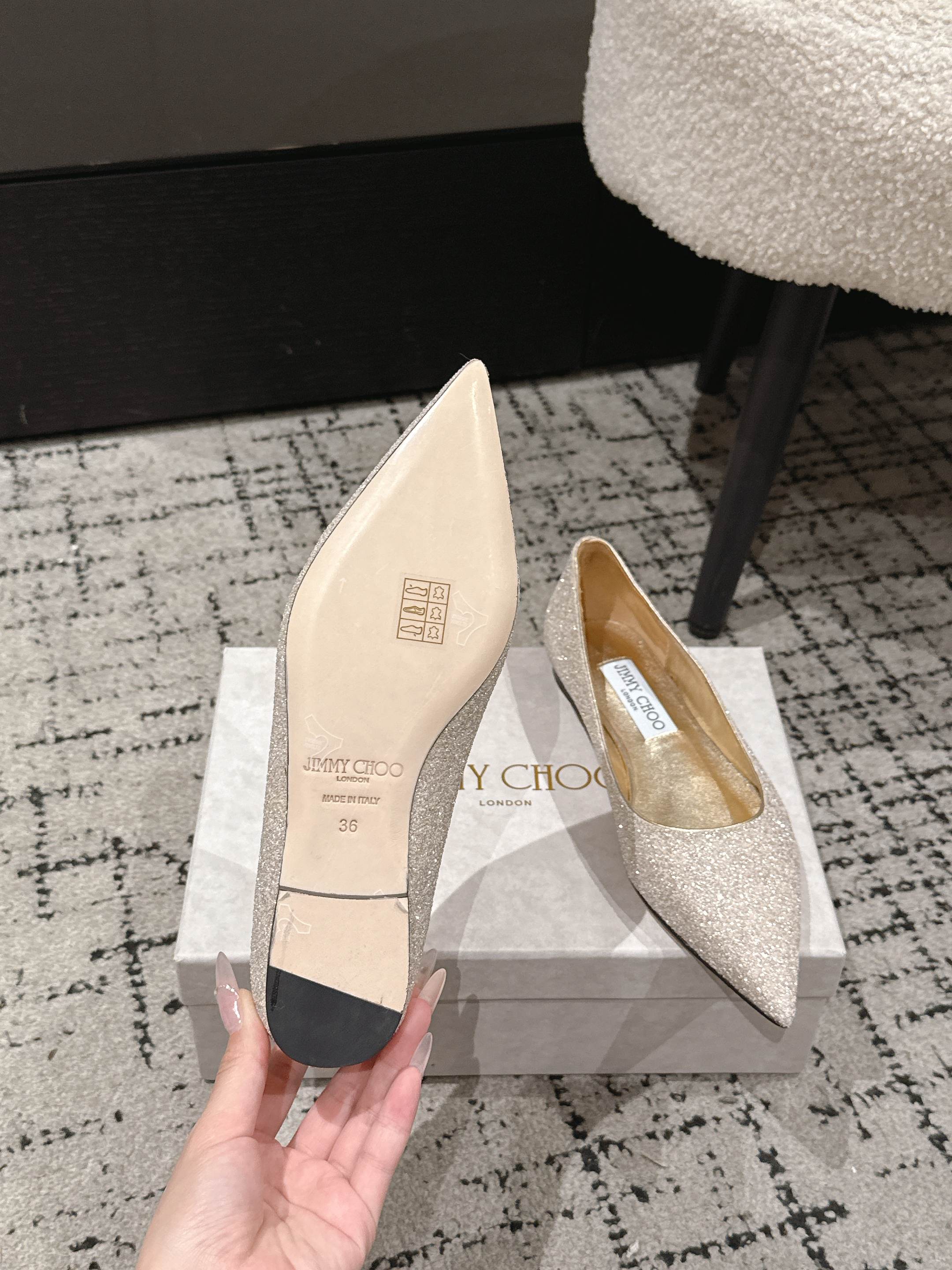 JIMMY CHOO 26S POINTED FLATS IN CHAMPAGNE GOLD GLITTER